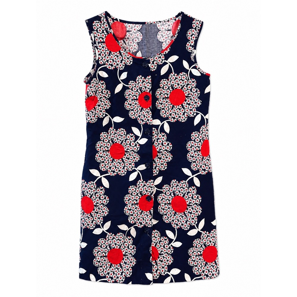 Handmade‎ Retro Floral Shift Dress Navy Red White Mod Daisy Print Sleeveless
